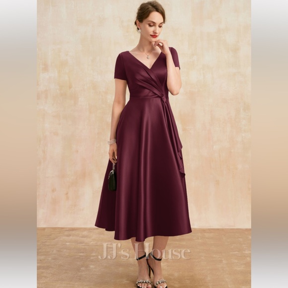 A-line V-Neck Tea-Length Satin Mother of the Bride Dress With Cascading Ruffles - Picture 3 of 7